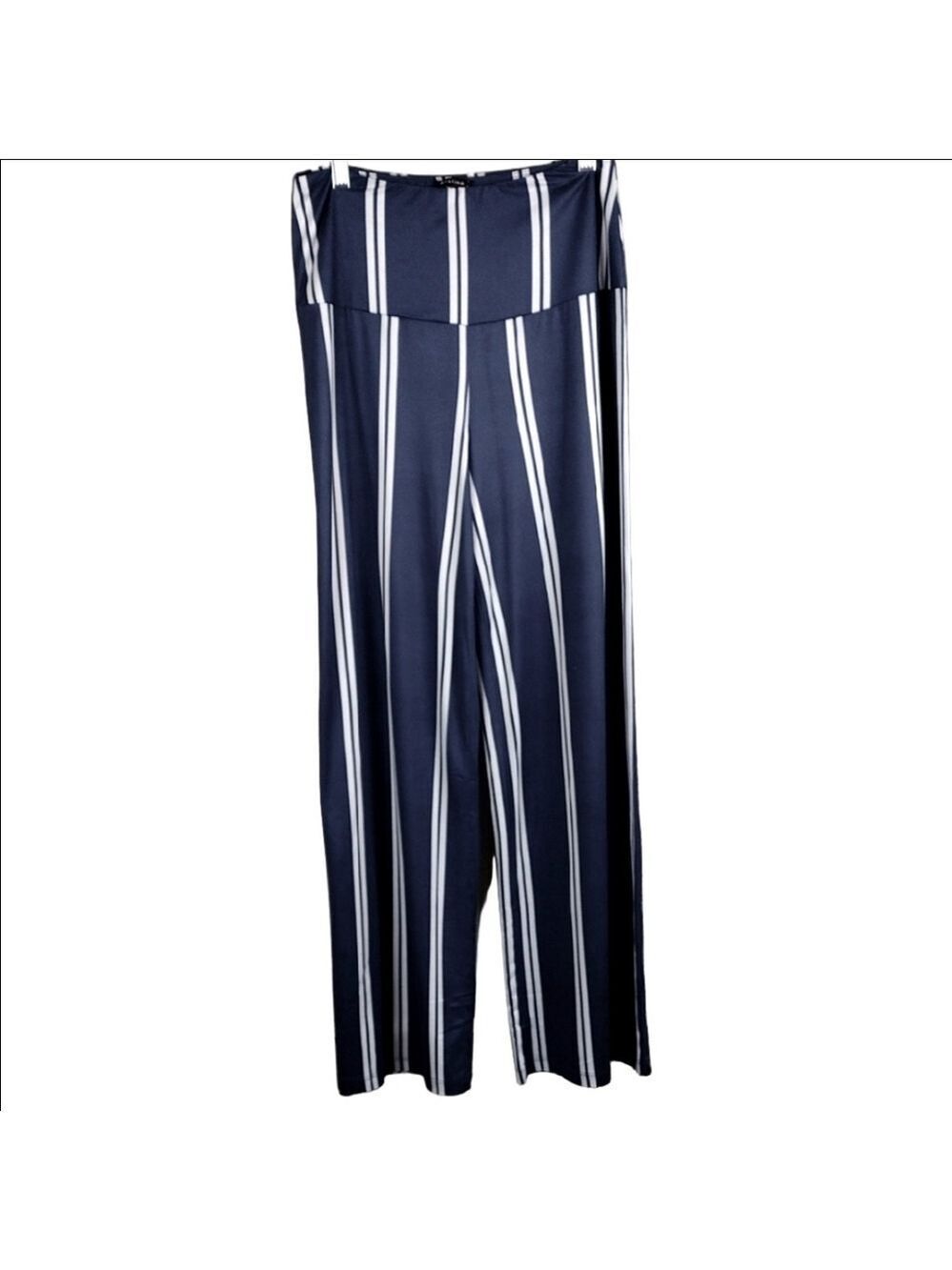 Arolina Navy White Wide Striped High Waisted Flare Leg Pull On Leisure Pant
